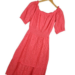 Betsey Johnson Women's Eyelet Midi Dress Off Shoulder Cinch Waist Peasant Coral